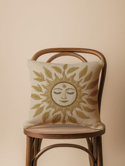 A square woven tapestry throw pillow in neutral earth tones of beige and gold. The pillow has a rich, textured surface from its jacquard weave. The design features a large, central celestial sun face with closed eyes, a serene smile, and a third eye symbol on its forehead. The sun's rays are stylized as intricate leaves, blending botanical and solar motifs. The pillow is made from a durable cotton and polyester blend, giving it a high-quality, artisanal feel.